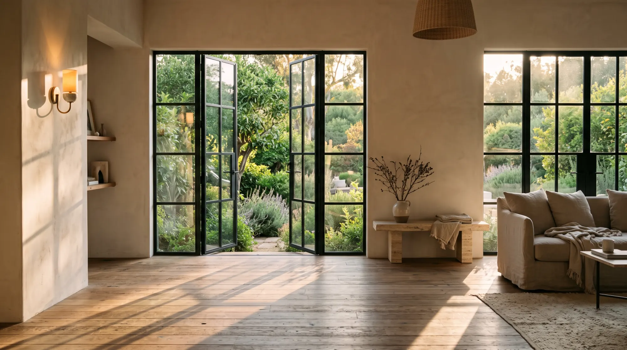 Sunlit interior with steel doors open to the garden