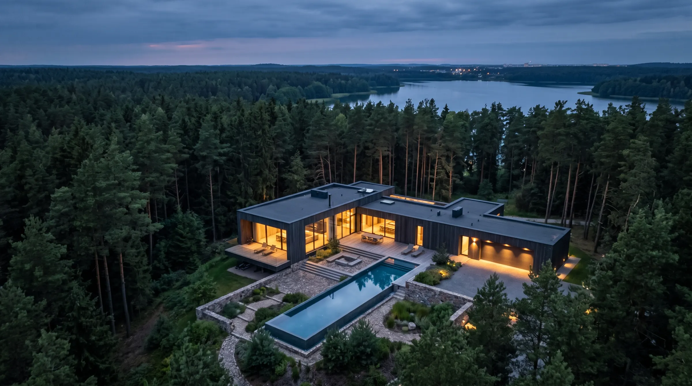 Contemporary home in the pines above Lake Tahoe at dusk